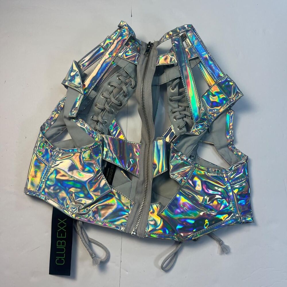 NWT Club Exx Silver Holographic Lace-Up Corset Top Cut-Out Festival Rave XS - Picture 5 of 7